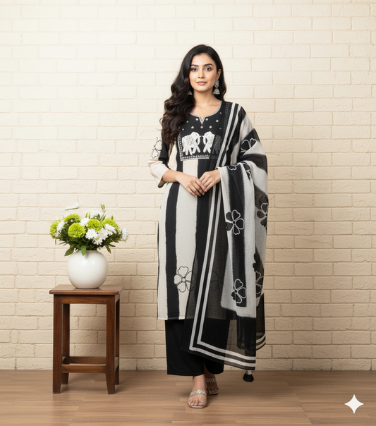 Elegant Black & White Printed Kurta Set