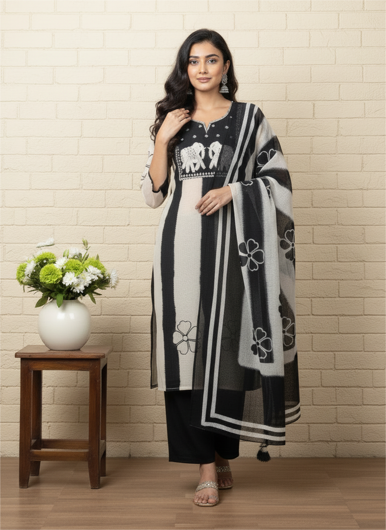 Elegant Black & White Printed Kurta Set