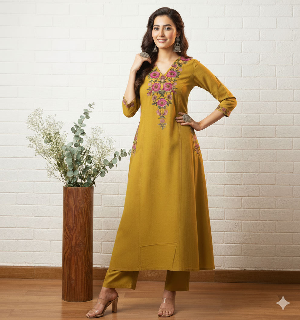 Mustard Yellow Floral Embroidered Kurta Set