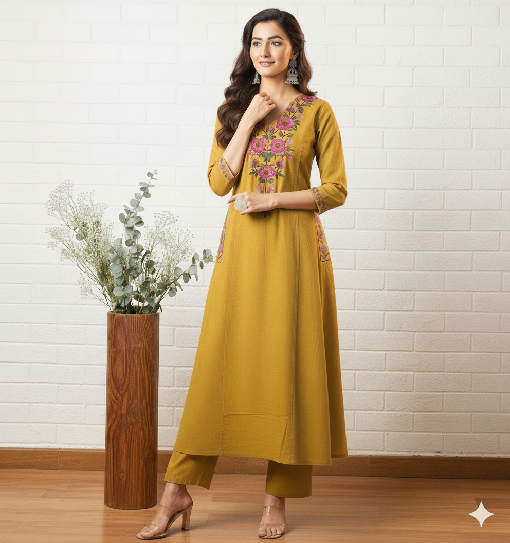 Mustard Yellow Floral Embroidered Kurta Set