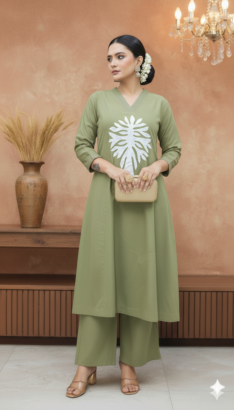Elegant Olive Green Kurta Set with White Motif