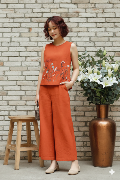 Orange Embroidered Sleeveless Palazzo Co-ord Set