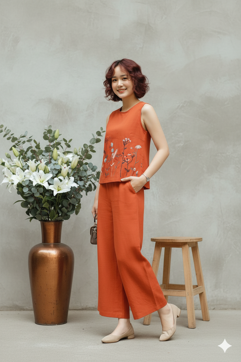 Orange Embroidered Sleeveless Palazzo Co-ord Set