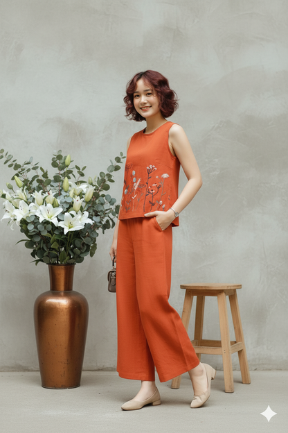 Orange Embroidered Sleeveless Palazzo Co-ord Set