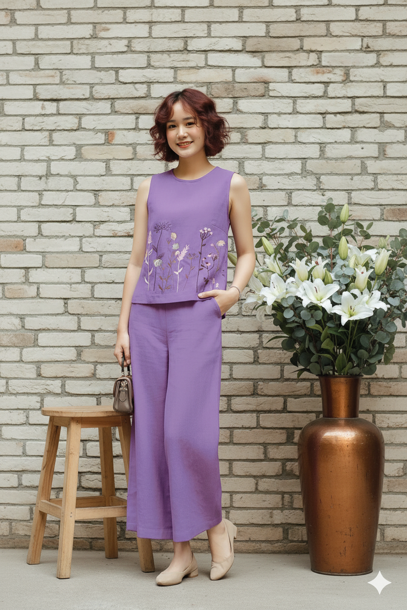 Lavender Embroidered Sleeveless Palazzo Co-ord Set