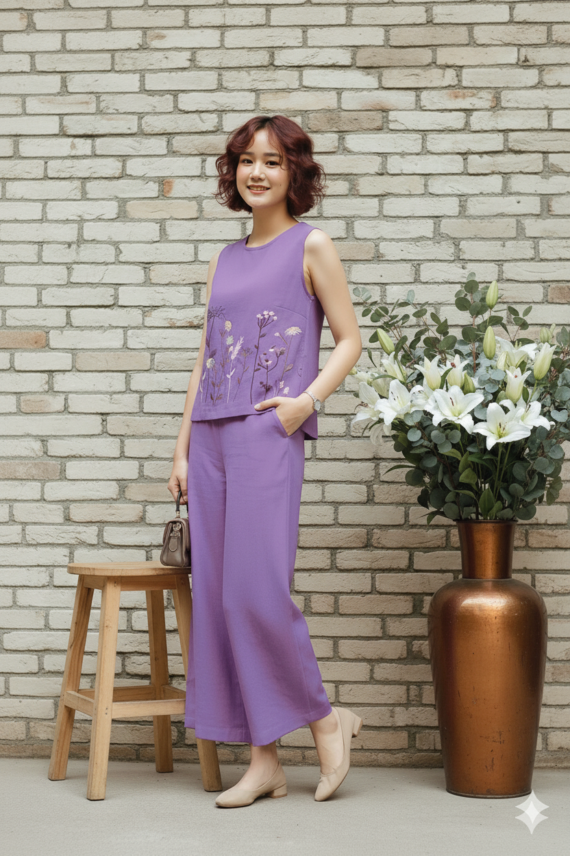Lavender Embroidered Sleeveless Palazzo Co-ord Set