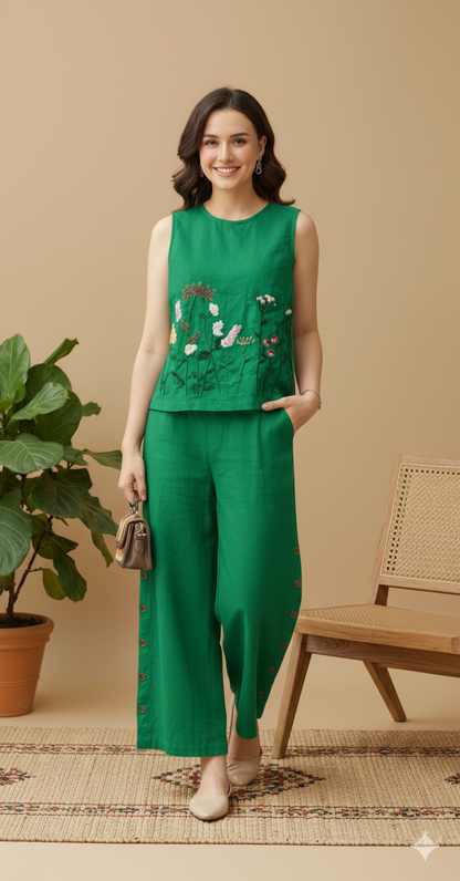 Green Embroidered Sleeveless Palazzo Co-ord Set