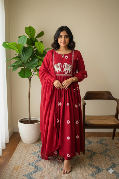 Maroon Elephant Embroidered Anarkali Suit Set
