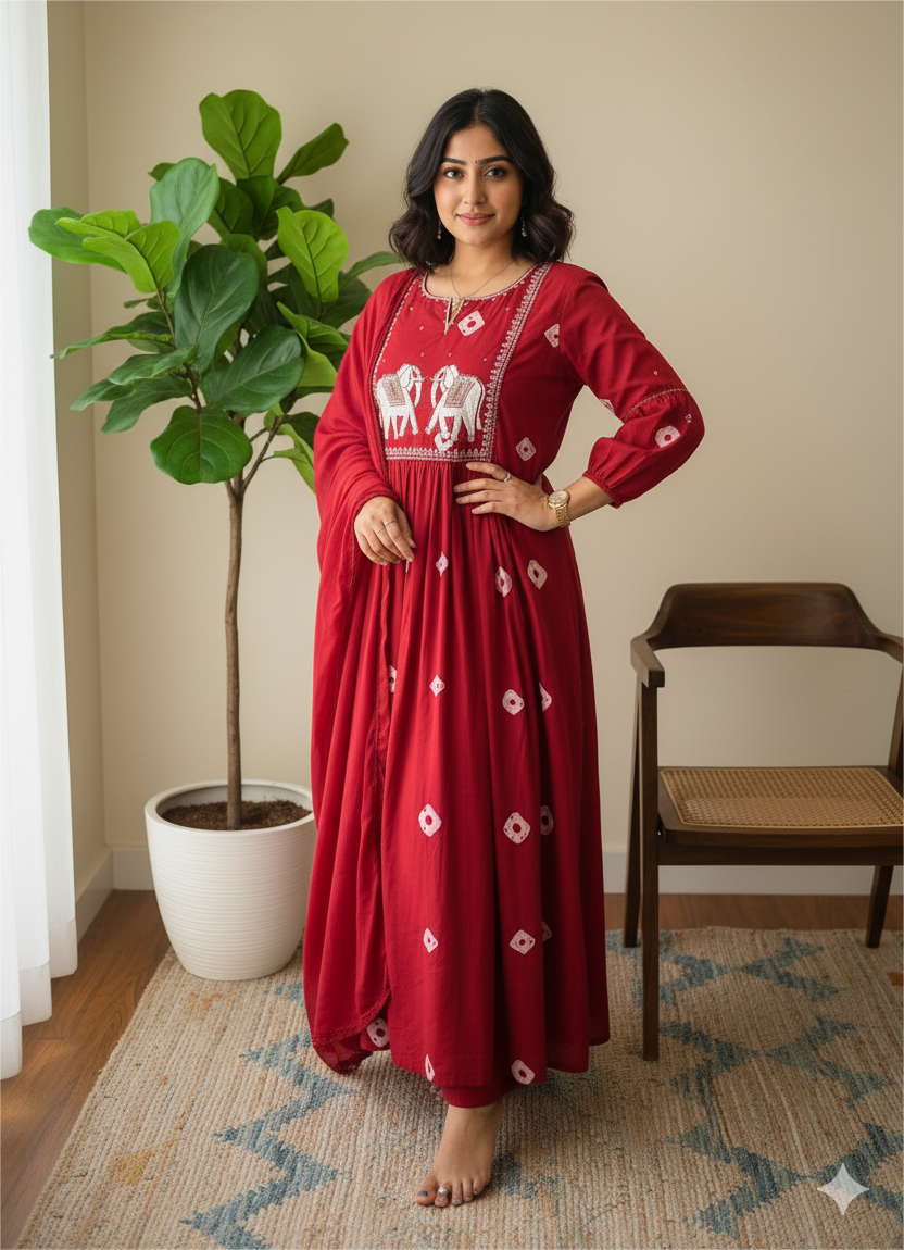 Maroon Elephant Embroidered Anarkali Suit Set
