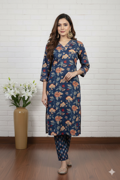 Dark Blue Floral Kurti Set with Dupatta