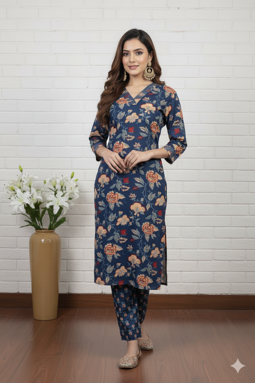 Dark Blue Floral Kurti Set with Dupatta
