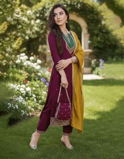 Wine Embellished Kurta Set with Mustard Dupatta