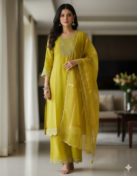 Lime Yellow Embroidered Straight Kurta Set with Dupatta