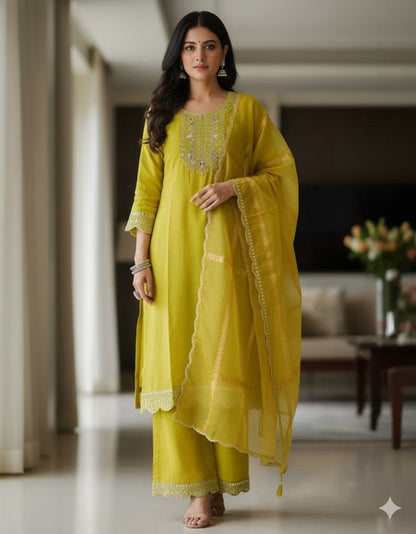 Lime Yellow Embroidered Straight Kurta Set with Dupatta
