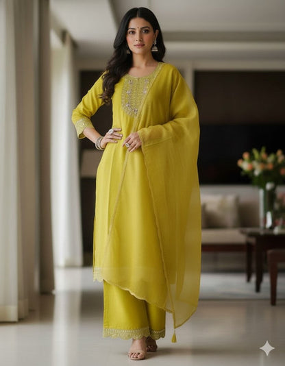 Lime Yellow Embroidered Straight Kurta Set with Dupatta