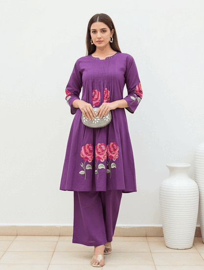 Vibrant Purple Angrakha-Style Kurta Set with Hand-Painted Rose Motifs