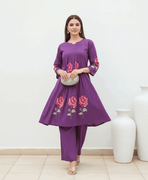 Vibrant Purple Angrakha-Style Kurta Set with Hand-Painted Rose Motifs