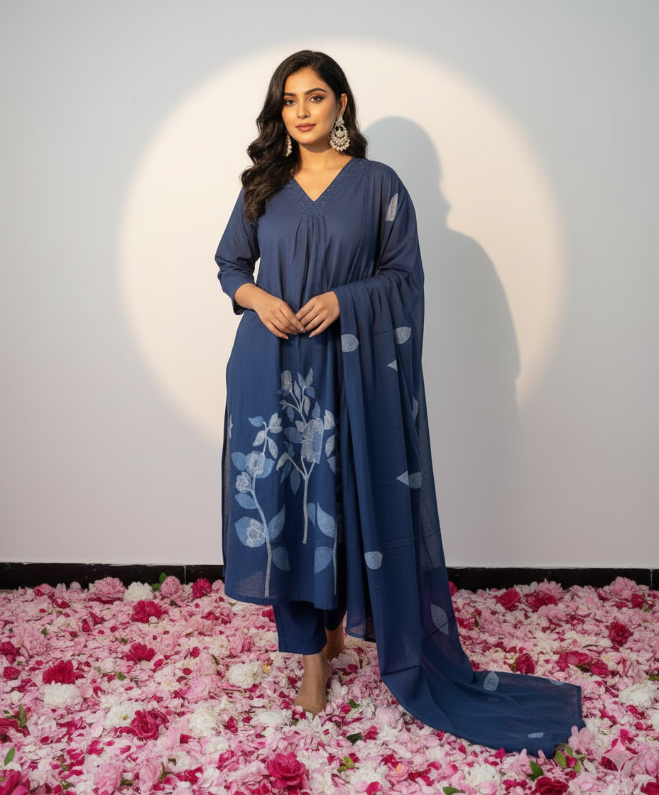 Blue Floral Embroidered Kurta Set with Dupatta