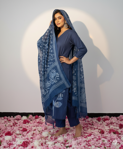 Blue Floral Embroidered Kurta Set with Dupatta