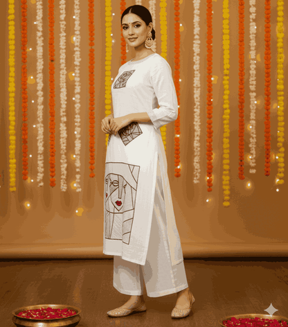 White Cotton Flex Kurta With Palazzo