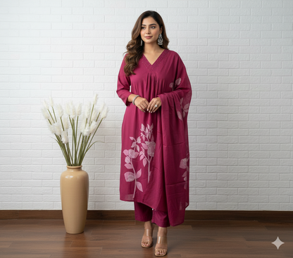 Magenta Floral Embroidered Kurta Set with Dupatta