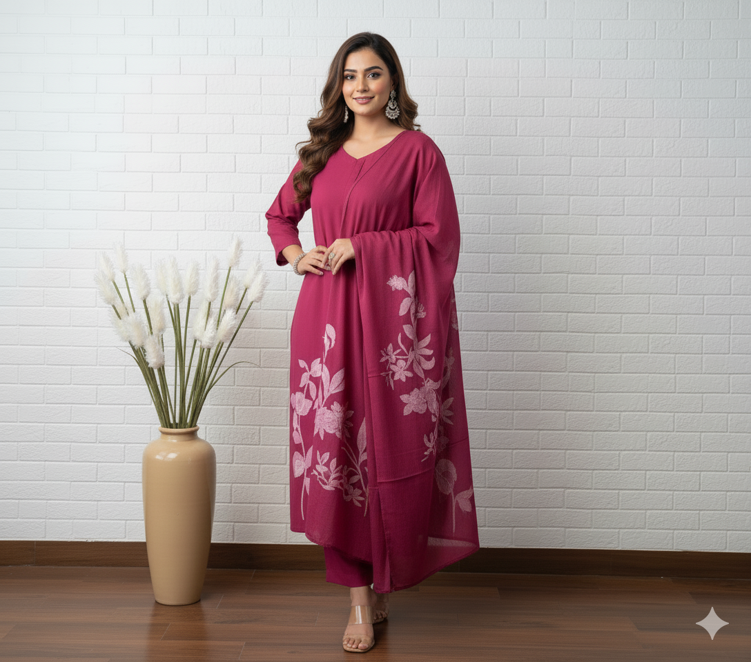 Magenta Floral Embroidered Kurta Set with Dupatta