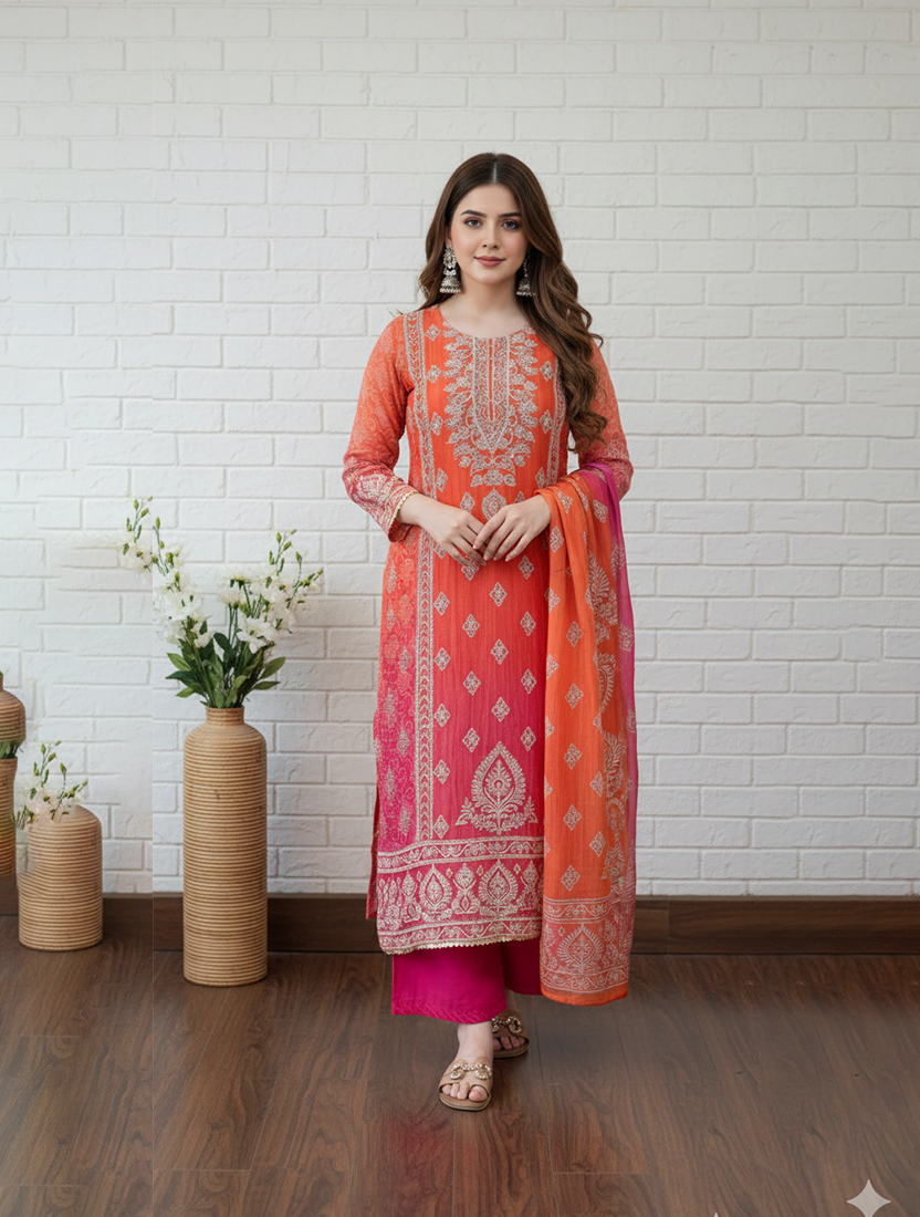 Exquisite Orange Embroidered Salwar Kameez with Dupattas