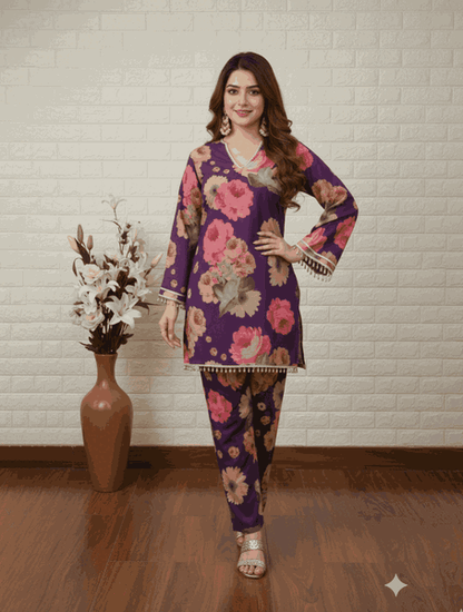 Chic Purple Floral Salwar Kameez with Pearl Accents