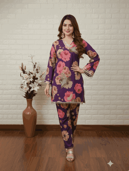 Chic Purple Floral Salwar Kameez with Pearl Accents