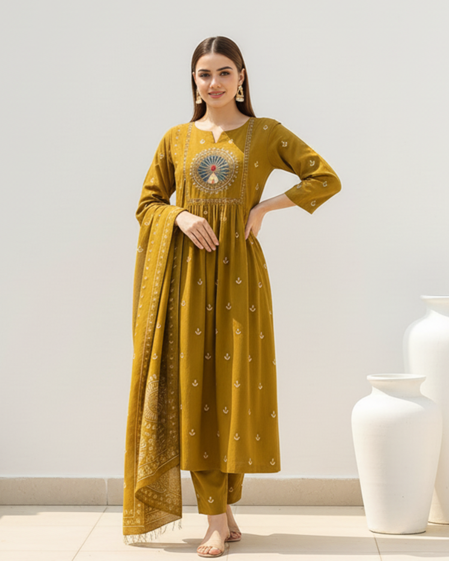 Elegant Mustard Yellow Embroidered Salwar Kameez with Dupatta