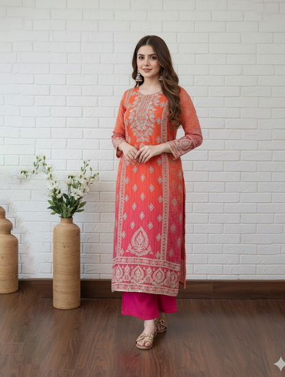 Exquisite Orange Embroidered Salwar Kameez with Dupattas
