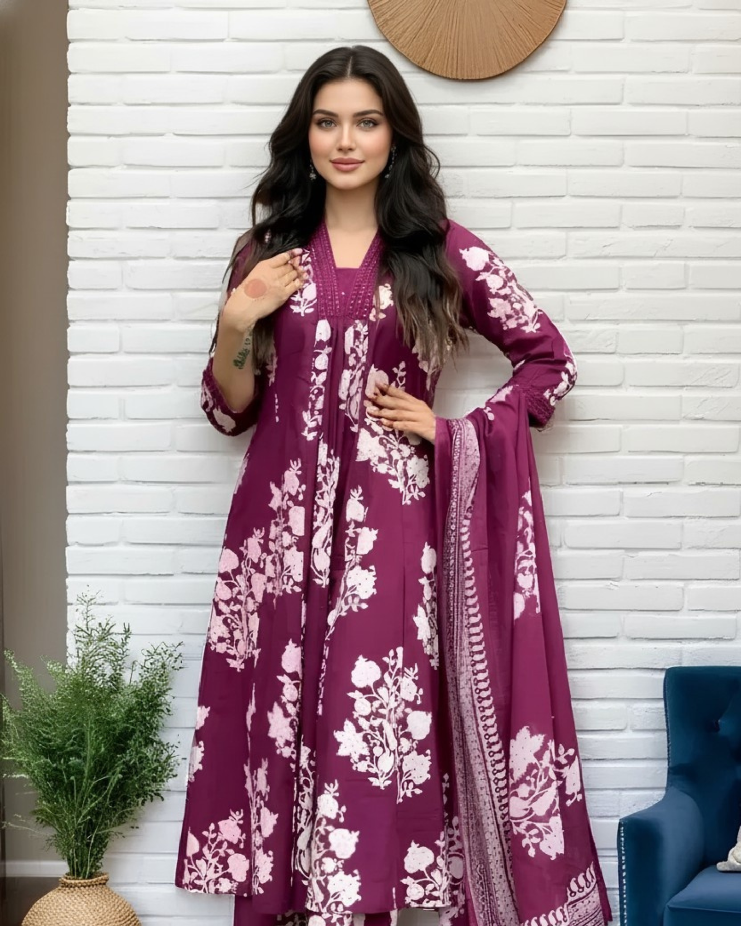 Elegant Wine Floral Printed Kurta Set with Dupatta for Women