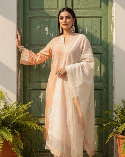 Peach Blossom Radiance: The Embroidered Luxe Cotton Set