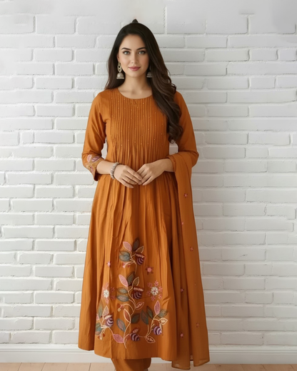 Elegant Mustard Embroidered Kurta Set with Dupatta for Women