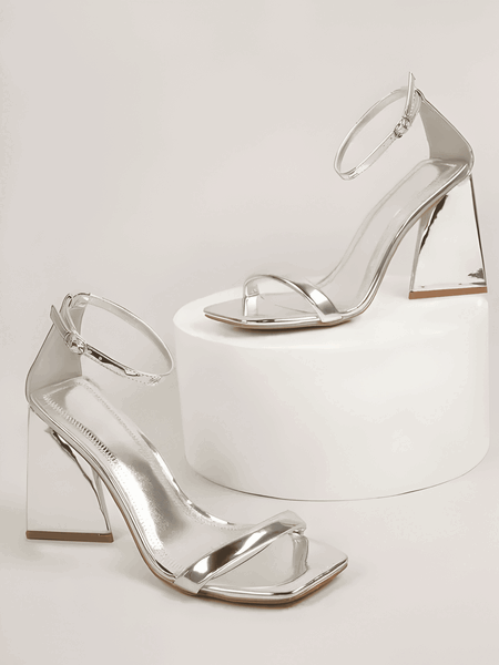 Metallic Silver Block Heel Sandal