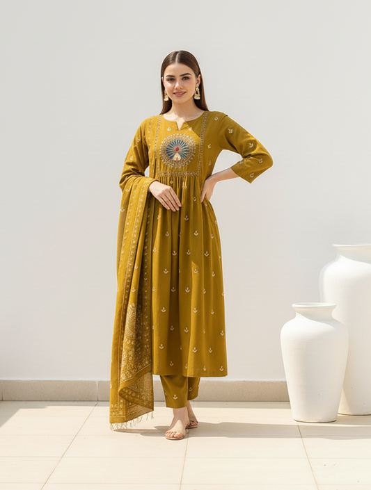 Elegant Mustard Yellow Embroidered Salwar Kameez with Dupatta