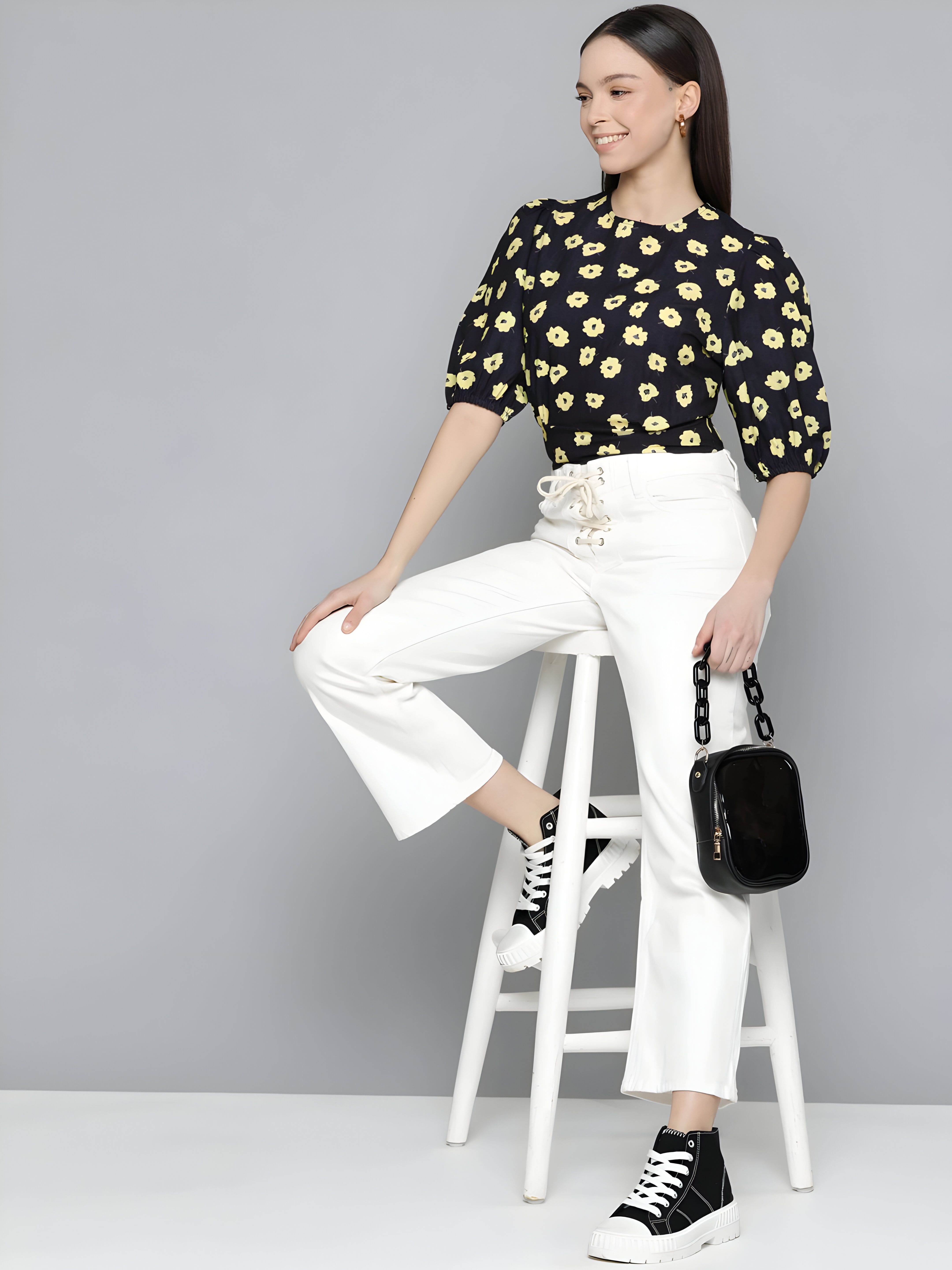 Black puff-sleeve blouse