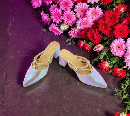 Iridescent Block Heel Mules
