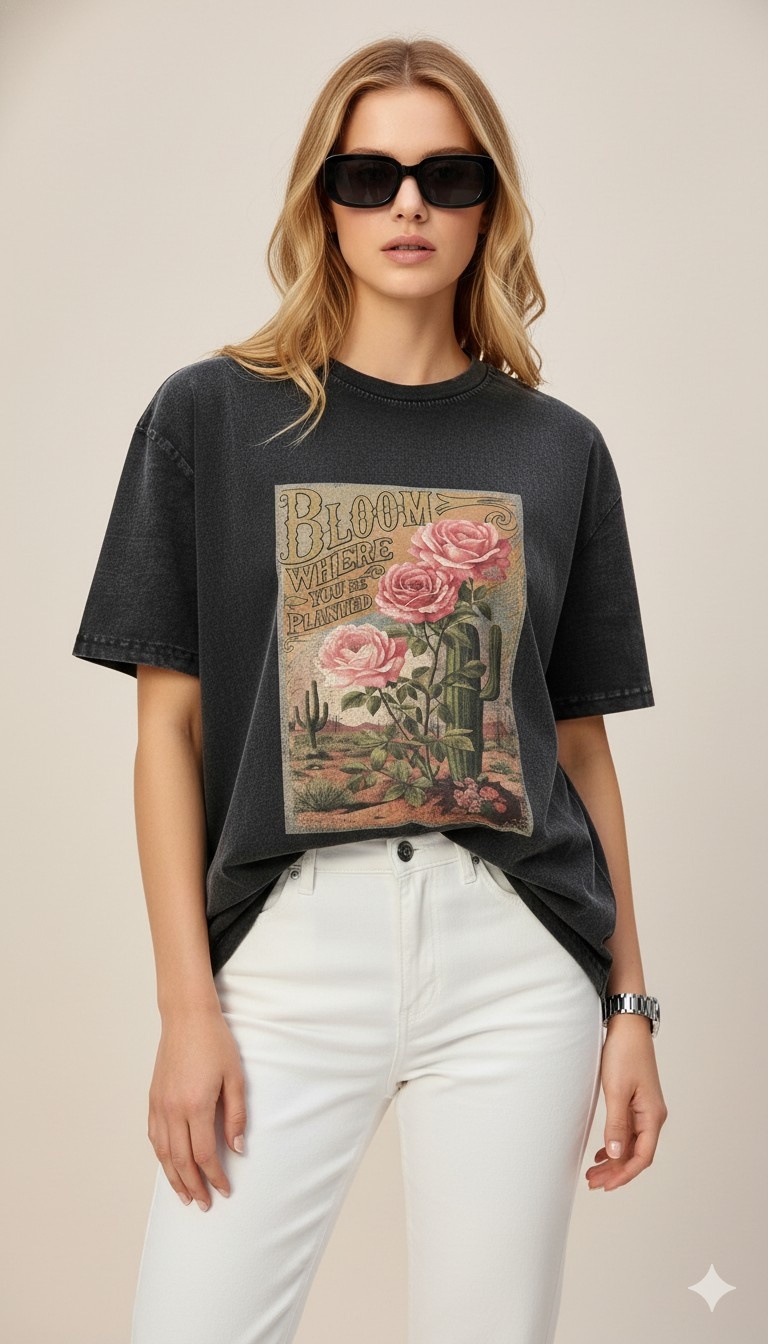 Bloom Where You Are Planted Oversized Acid Wash T-