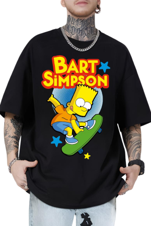 Oversized Black T-Shirt with Bart Simpson Skateboard Graphic