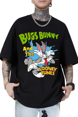 Oversized Black T-Shirt Featuring Bugs Bunny and the Looney Tunes