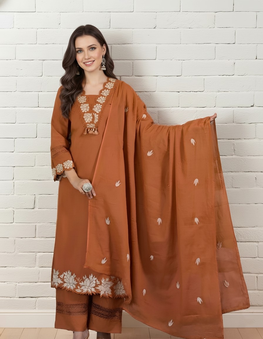 Elegant Rust Orange Embroidered Kurta Set with Dup