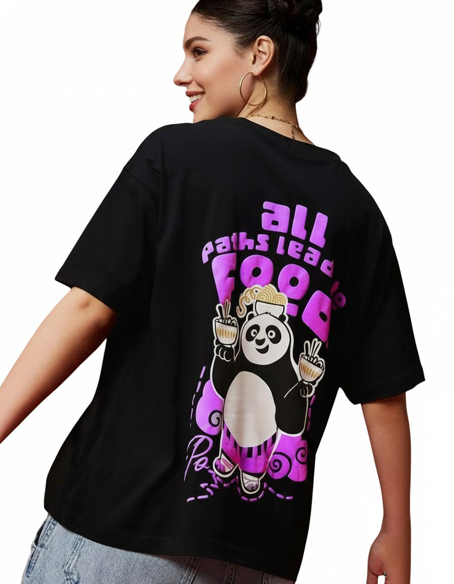 Cute Panda Noodles Graphic Oversized Black T-Shirt